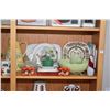 Image 2 : Shelf lot of collectibles including lidded hand painted pottery casserole dish, juice jug, coloured 