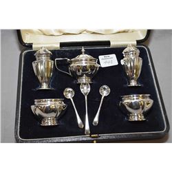 British sterling condiment set including two pepper shakers, two open salts with cobalt liners, must