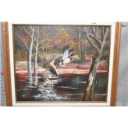 Two framed pictures featuring ducks including original oil on canvas signed by artist P. Otrin (?) 2