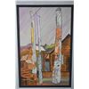 Image 1 : Framed wooden marquetry and hand coloured painting titled "Kitseyucla Village Totem, B.C 1928" penci