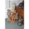 Image 1 : Hand carved three tier wooden plant stand and a selection garden figures including fairy, an angel, 