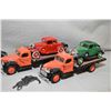 Image 2 : Six die cast toys including two flat deck trucks and four vintage style cars plus a cast metal repli