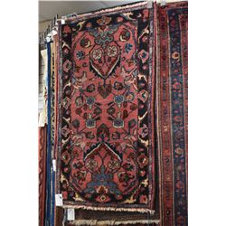 Wool throw rug in shades of dark rose, red and blue, 28  X 48 