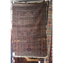 Woven prayer rug in shades of chocolate brown, mauve, and deep blue 34" X 52"