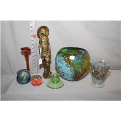 Selection of art glass including 7 1/2" bowl, signed fluted vase, paperweight etc. plus a cast 12 1/