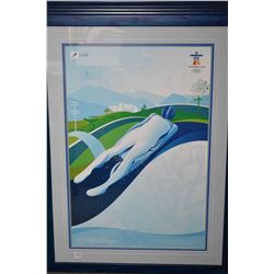 Set of seven framed Vancouver 2010 Olympic posters including snowboard, ice hockey, ski jumping, cur