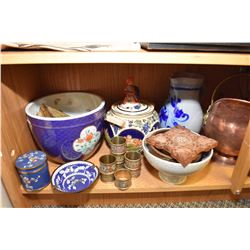 Shelf lot of vintage collectibles including Oriental plant pot, Cornflower crystal jug and tumblers,