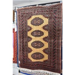 Wool and silk blend (?) area rug with multiple geometric borders and medallion in shades or deep red