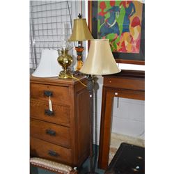 Three lamps including electric oil lamp with frosted shade, floor lamp and modern table lamp