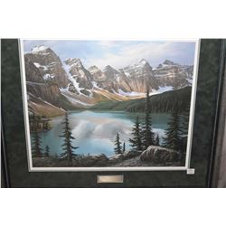 Framed limited edition print titled "Moraine Lake, Banff National Park" and pencil signed by artist 