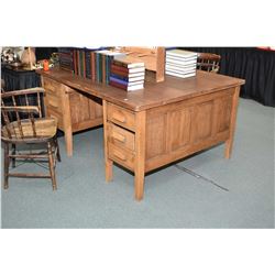 Antique oak partner's desk with four drawers on each side, panel decoration and 48  X 60  desk top p