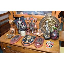 Selection of bar decor items including hanging shields, candleholders, leather bottle, brass plaques