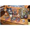 Image 1 : Selection of bar decor items including hanging shields, candleholders, leather bottle, brass plaques