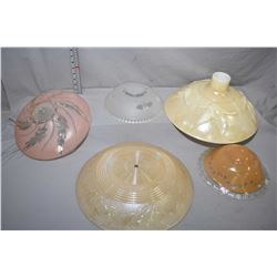 Five vintage glass light shades including 16" diameter shade with duck decoration 2 X 16", 12" shade