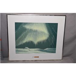 Framed original acrylic on canvas painting of an Inuit dog sled and Northern lights signed by artist