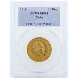 1916 Cuba 10 Pesos Gold Coin PCGS MS61