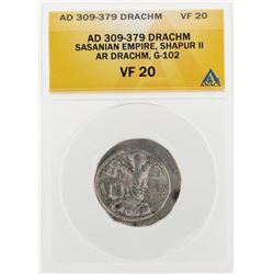 AD 309-379 Drachm Sasanian Empire Shapur II AR Drachm G-102 Coin ANACS VF20