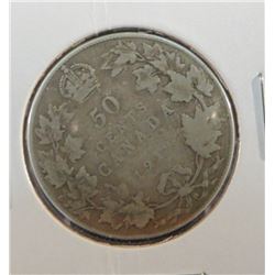 1919 Canadian King George 50 Cent Silver Coin