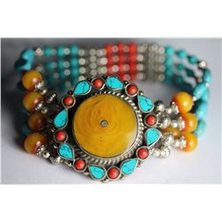 Tibet Hand Made Amber, Coral, Lapis Lazuli Bracelet
