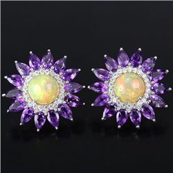 NATURAL RAINBOW OPAL, PURPLE AMETHYST TOPAZ Earrings