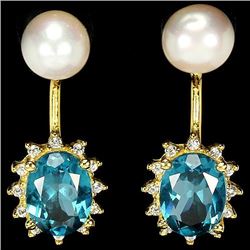Natural London Blue Topaz & Pearl Earrings
