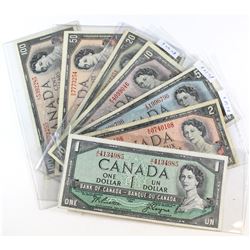 Run of Seven Different Denominations of 1954 Note. Included are $1, $2, $5, $10, $20, $50 & $100, al