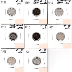 Lot of 8x Canada 5-cents Dated 1907, 1909 Round Leaves, 1910 Pointed Leaves, 1910 Round Leaves, 1912