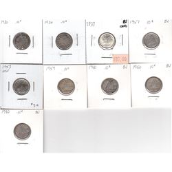 1930, 1934, 1937 BU, 1951, 1953 NSF, 1959 & 3x 1960 Canada 10-cent in average circulating condition