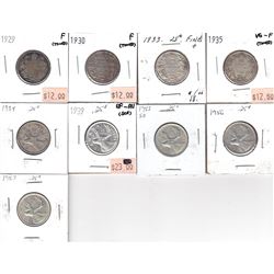 Lot of 9x Canada 25-cents: 1929 Fine (toned), 1930 Fine (toned), 1933, 1935 VG-F (toned), 1938, 1939