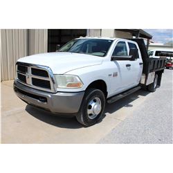 2011 DODGE 3500 FLATBED TRUCK; VIN/SN:3D6WF4CT6BG595192 - CREW CAB, V8 GAS, A/T, AC, 9' STEEL FLATBE