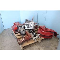 HOSE REELS, FUEL TRANSFER PUMP W/ METERS, MISC PUMPS, HAMMERS, BATTERY PACK