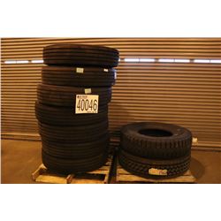 TIRES -(7) 11R-22.5 G REGULAR TREAD (1) 1000-20 G BLTL, EMNB3816P, XRA SPECIAL GRIP, (1) 285/75R24.5