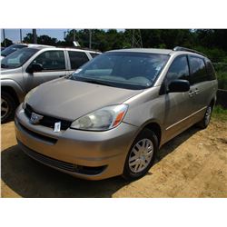 2005 TOYOTA SIENNA VAN, VIN/SN:5TDZA23C85S323772 - GAS ENGINE, A/T, ODOMETER READING 231,000 MILES