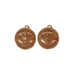 Chanel Gold Cut Out CC Logo Disc Clip On Earrings