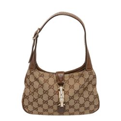 Gucci Brown Beige Monogram Canvas Leather Mini Jackie Bag