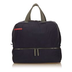 Prada Navy Blue Fabric Nylon Black Leather Trim Duffle Bag