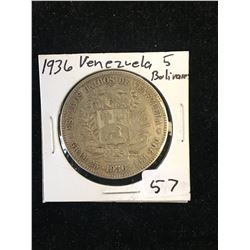 1936 VENEZUELA 5 BOLIVARES SILVER COIN!