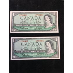 1954 BANK OF CANADA $1 NOTES ..2 IN SEQUENCE