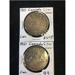 1951 CANADA SILVER DOLLAR! SWL AND FWL LOT OF 2 DOLLARS