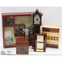 BOX OF MISC. CLOCKS, DESK CLOCKS, WALL CLOCKS AND