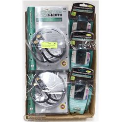 BOX OF MONSTER CABLES AND SURGE PROTECTORS