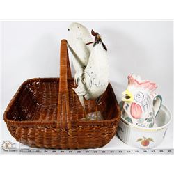 WICKER BASKET OF ROOSTER DECORATIONS AND MORE