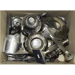 BOX FULL OF SILVER PLATED ITEMS.