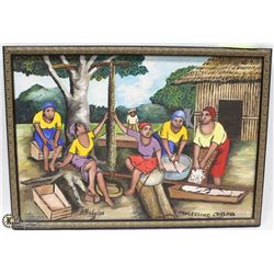 FRAMED HAND PAINTING "PROCESSING CASSAVA" 13 X 18