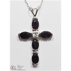 3) STERLING SILVER GARNET CROSS PENDANT W/CHAIN