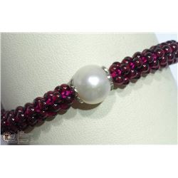 26) GENUINE GARNET & PEARL FLEXIBLE SIZE BRACELET