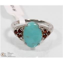 32) ST. SILVER TURQUOISE RING W/ GARNET & DIAMONDS