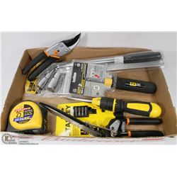 FLAT OF TOOLS INCLUDING 25' TAPE MEASURE, MULTI