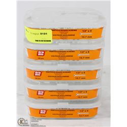 FIVE TUBS OF PARTICLE BOARD SCREWS