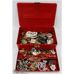 VINTAGE RED JEWELRY BOX FILLED
